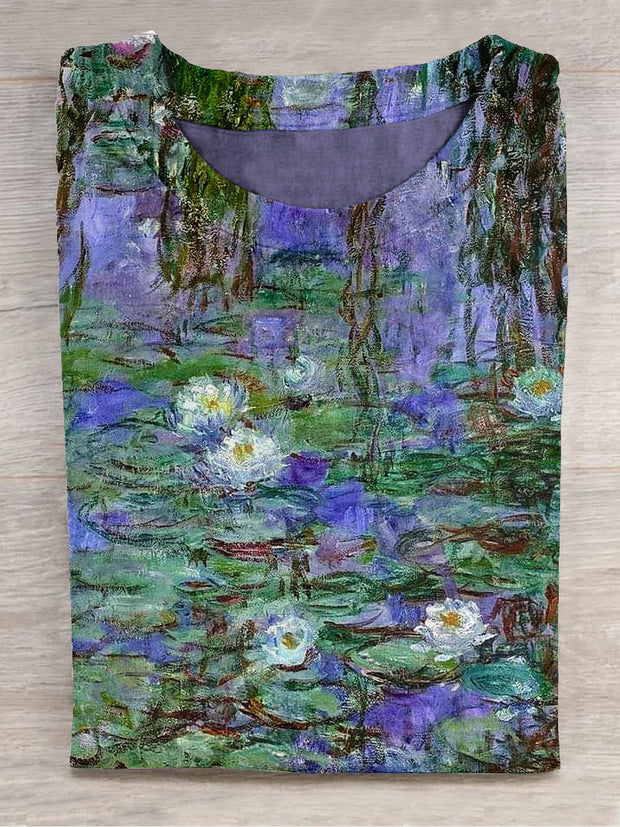 Unisex Water Lily Landscape Art Illustration Round Neck Short Sleeve T-Shirt